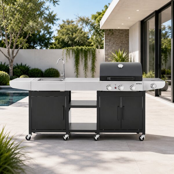 Zahradní BBQ kuchyně s umyvadlem BestBerg BBBQ-25SB / 4 hořáky / 11,5 kW / černá/stříbrná