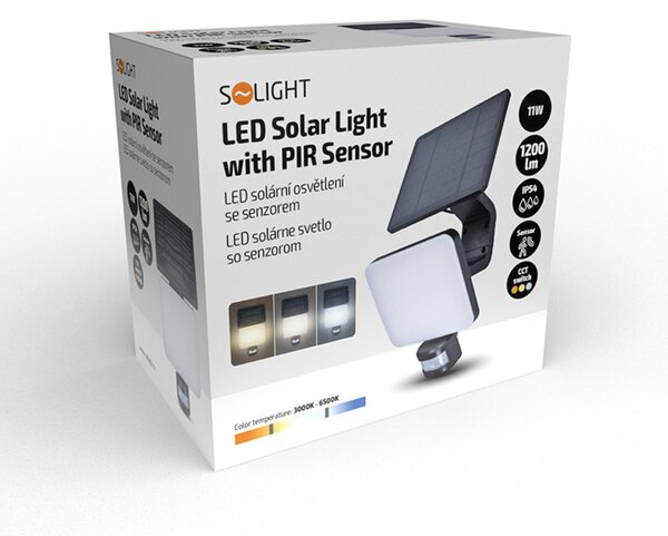 Solight LED solární osvětlení se senzorem, 11W, 1200lm, 3 CCT, Li-Ion, černá WO785-1