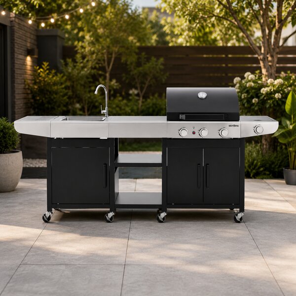 Zahradní BBQ kuchyně s umyvadlem BestBerg BBBQ-25SB / 4 hořáky / 11,5 kW / černá/stříbrná