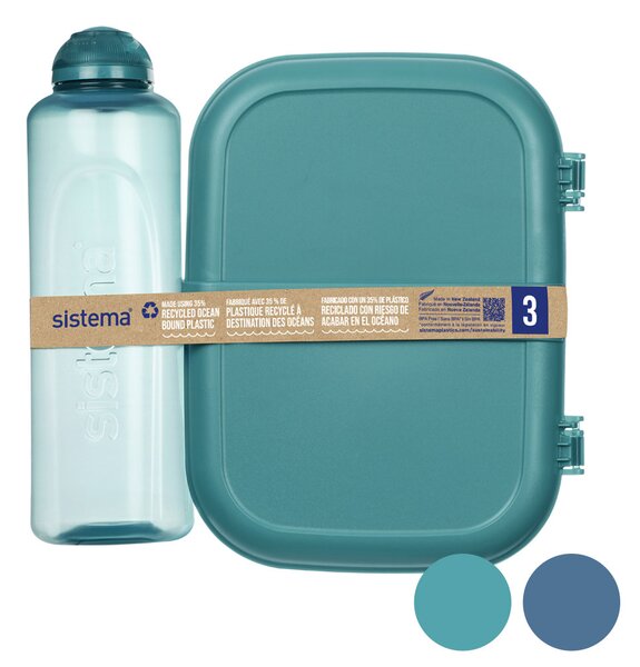 Sistema Krabička na svačinu Ribbon a Láhev na pití Swift Squeeze 480 ml Ocean Bound – dárková sada Barva: tyrkysová