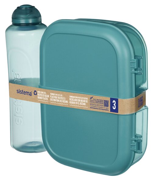 Sistema Krabička na svačinu Ribbon a Láhev na pití Swift Squeeze 480 ml Ocean Bound – dárková sada Barva: tyrkysová