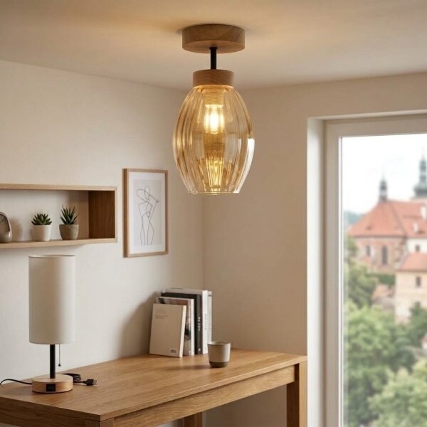 BRILAGI - LED Přisazený lustr R GLASS 1xE27/60W/230V pr. 17cm dub/kouřová béžová