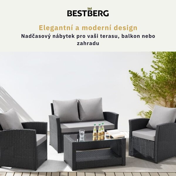 4dílná sada zahradního ratanového nábytku BestBerg Roma BBRF-1005BL / černá/šedá