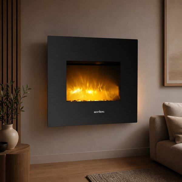 Skleněný nástěnný elektrický krb s imitací ohně BestBerg BBFP-26 / 1800 W / černá