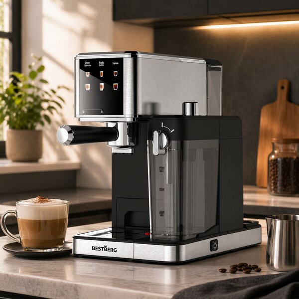 Pákový espresso kávovar s napěňovačem mléka BestBerg BBCF-2032 / 1350 W / 1,2 l / 20 bar / stříbrná/černá