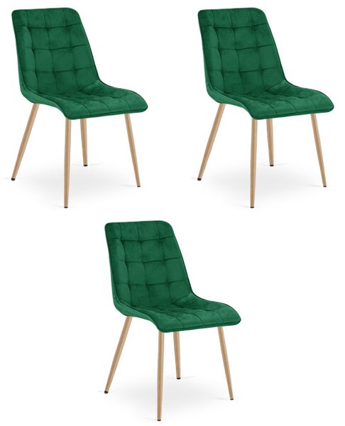 Set tří jídelních židlí SPLIT sametové zelené / hnědé nohy (3 ks)
