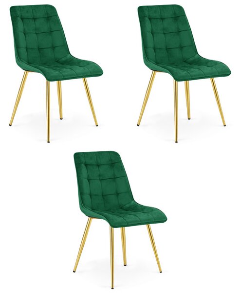 Set tří jídelních židlí SPLIT sametové zelené / zlaté nohy (3 ks)