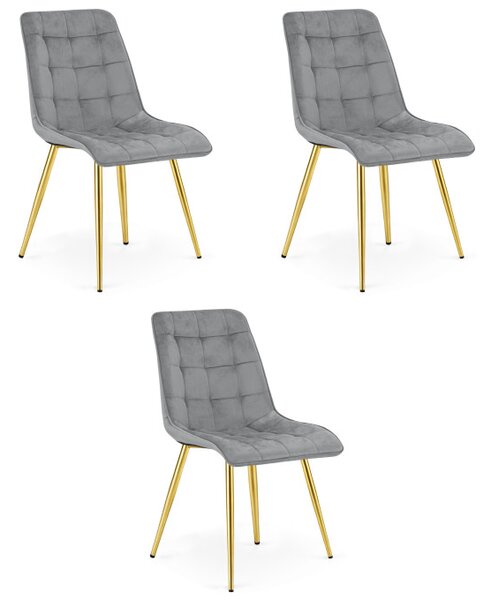 Set tří jídelních židlí SPLIT sametové světle šedé / zlaté nohy (3 ks)