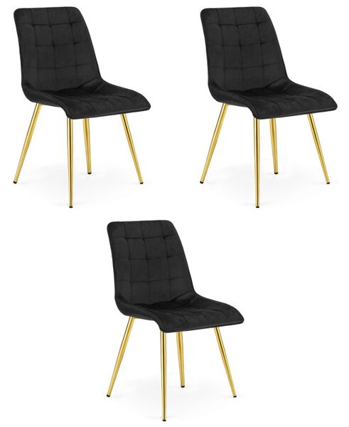 Set tří jídelních židlí SPLIT sametové černé / zlaté nohy (3 ks)