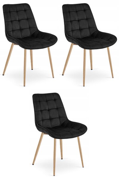 Set tří jídelních židlí BERA sametové černé / dřevěné nohy (3 ks)