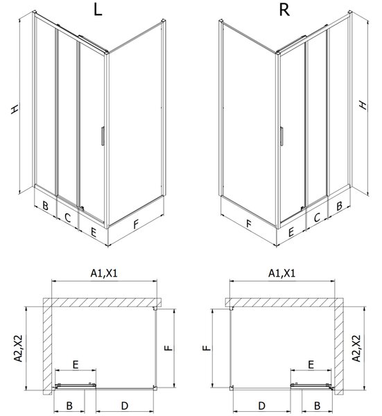 Mexen Exo, posuvná sprchová kabina, dveře 80 cm + boční stěna 80 cm, transparentní sklo, černá, 8153-080-080-70-00