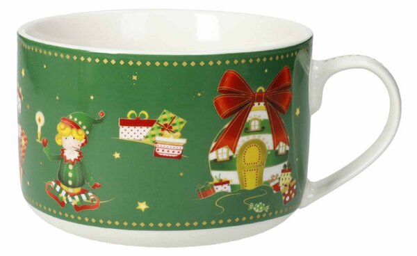 Vánoční velký hrnek na čaj, cappuccino 600ml zelený ELFOMAGIA BRANDANI (barva - porcelán,zelená s motivem)