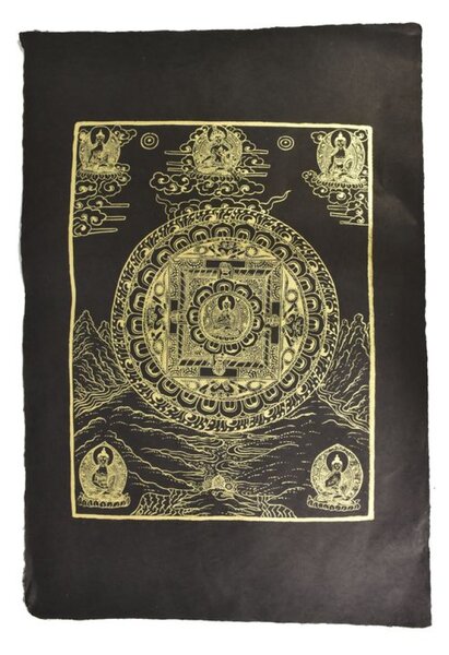 Buddha Mandala, zlatý tisk na černém ručním papíru, 50x75cm