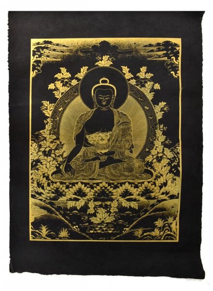 Buddha Šákjamuni, zlatý tisk na černém papíru, 50x75cm