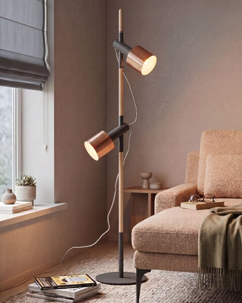 Stojací lampa OWENS Nastavitelná Dubové dřevo Černá