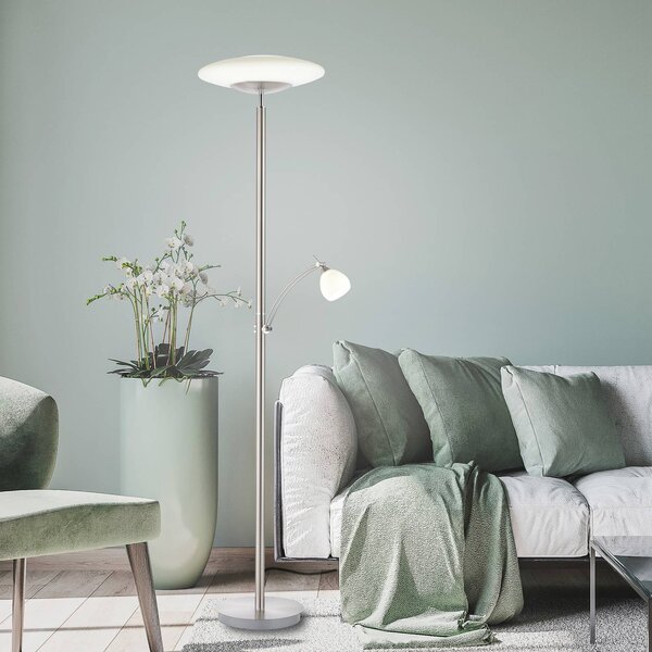 LED stojací lampa Troja čtecí rameno, dim, ocel