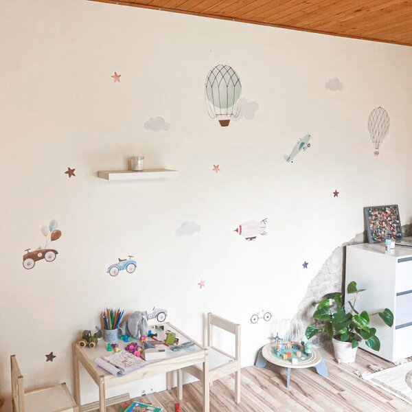 INSPIO-textilní přelepitelná samolepka - Dětské samolepky na zeď - Old-school auta a balóny pro kluky
