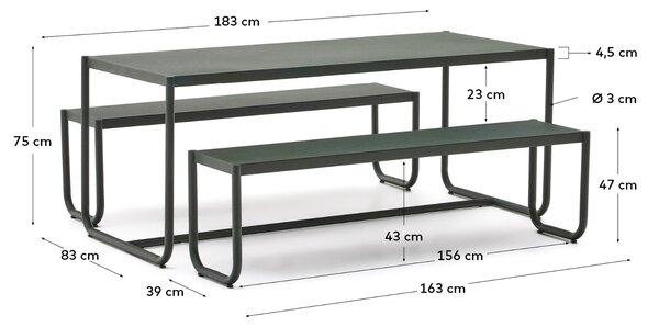 Kave Home Tmavě zelený kovový zahradní set stolu a lavic Sotil