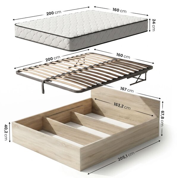 Ak furniture Dvoulůžková postel Trento 160x200 se zvedacím roštem a matrací dub Sonoma
