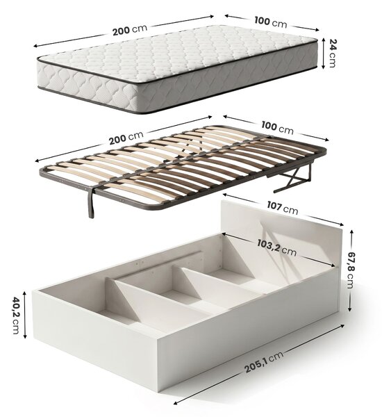 Ak furniture Jednolůžková postel Trento 100x200 se zvedacím roštem a matrací bílá