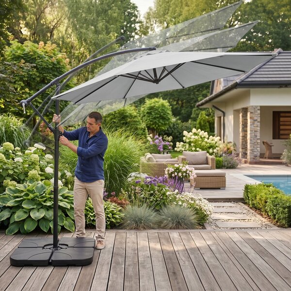 Ak furniture Zahradní slunečník ASTER s boční nohou 300 cm světle šedý