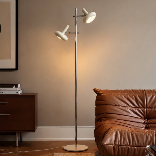 Lindby Stojací lampa Dylan, 2ramenná, chrom/béžová, 150 cm, E14, Krémová / jantar, Obývací pokoj / jídelna, kov, Vintage