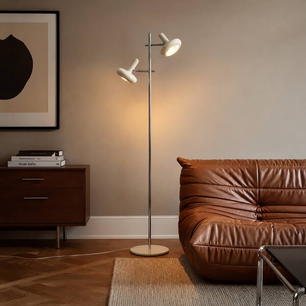 Lindby Stojací lampa Dylan, 2ramenná, chrom/béžová, 150 cm, E14, Krémová / jantar, Obývací pokoj / jídelna, kov, Vintage