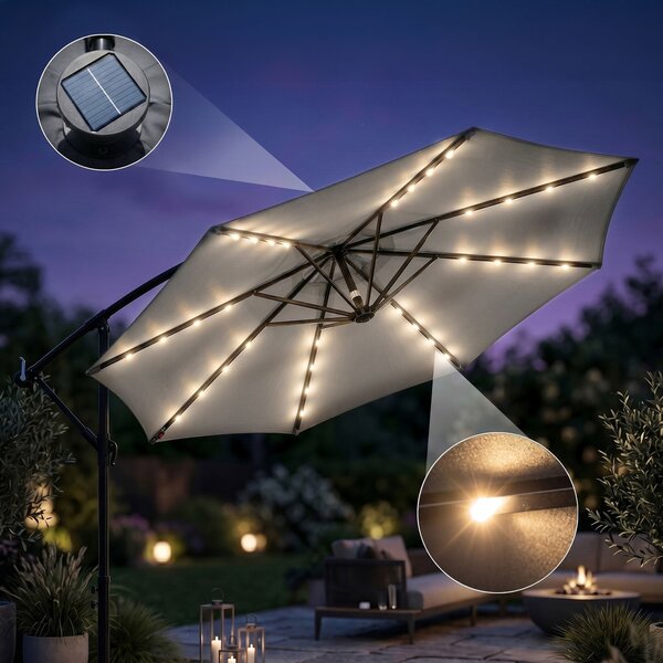 Ak furniture Zahradní slunečník MILIN s LED osvětlením 300 cm světle šedý