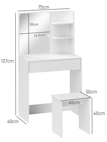 HOMCOM Toaletní stolek se 3 policemi, zásuvkami, zrcadlem a odpovídajícím taburetem, 75x40x137 cm, bílý | Aosom
