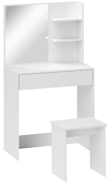 HOMCOM Toaletní stolek se 3 policemi, zásuvkami, zrcadlem a odpovídajícím taburetem, 75x40x137 cm, bílý | Aosom