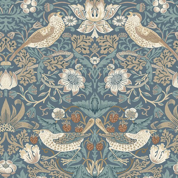 Vliesová tapeta na zeď, modrá, béžová, květiny, ptáci, 140503, William Morris at Home vol. 2