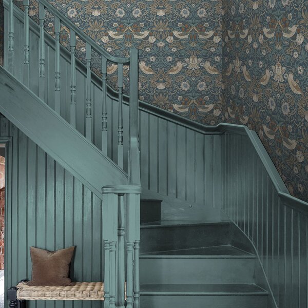 Vliesová tapeta na zeď, modrá, béžová, květiny, ptáci, 140503, William Morris at Home vol. 2