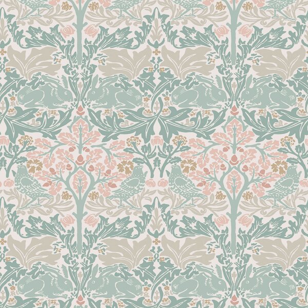 Vliesová tapeta na zeď, zelená, růžová, listy, stromy, ptáci, zajíčci, 140499, William Morris at Home vol. 2
