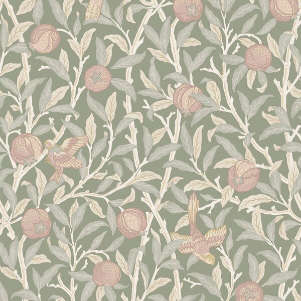 Vliesová tapeta na zeď, zelená, růžová, větvičky, ptáci, 140502, William Morris at Home vol. 2