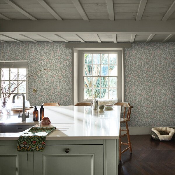 Vliesová tapeta na zeď, zelená, růžová, větvičky, ptáci, 140502, William Morris at Home vol. 2