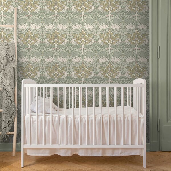 Vliesová tapeta na zeď, šedá, zelená, listy, stromy, ptáci, zajíčci, 140500, William Morris at Home vol. 2