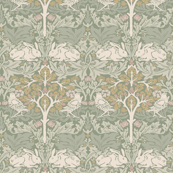 Vliesová tapeta na zeď, šedá, zelená, listy, stromy, ptáci, zajíčci, 140500, William Morris at Home vol. 2
