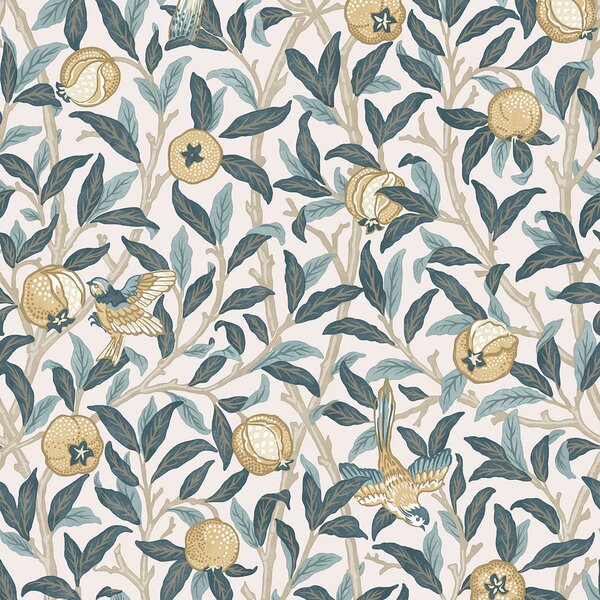 Vliesová tapeta na zeď, béžová, zelená, větvičky, ptáci, 140501, William Morris at Home vol. 2