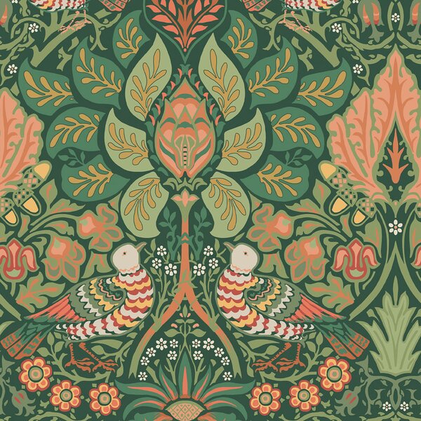 Vliesová tapeta na zeď, zelená, červená, květiny, ptáci, 140480, William Morris at Home vol. 2