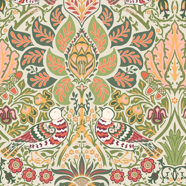 Vliesová tapeta na zeď, olivová, červená, květiny, ptáci, 140481, William Morris at Home vol. 2
