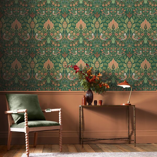 Vliesová tapeta na zeď, zelená, červená, květiny, ptáci, 140480, William Morris at Home vol. 2