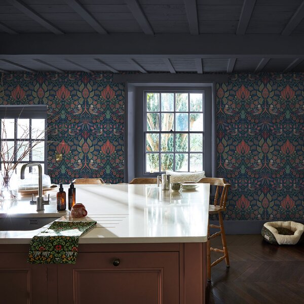 Vliesová tapeta na zeď, modrá, oranžová, květiny, ptáci, 140477, William Morris at Home vol. 2