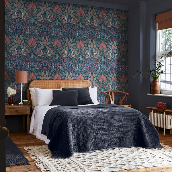 Vliesová tapeta na zeď, modrá, oranžová, květiny, ptáci, 140477, William Morris at Home vol. 2
