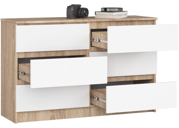 Ak furniture Komoda Kuba 120 cm 6 šuplíků dub sonoma/bílá