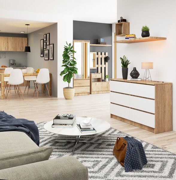Ak furniture Komoda Kuba 120 cm 6 šuplíků dub sonoma/bílá