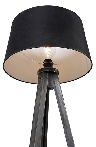Stojací lampa na stativu černá s lněným stínítkem černým 45 cm - Tripod Classic