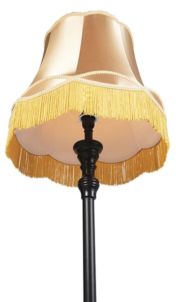 Stojací lampa černá s babičkovským stínítkem zlatá - Classico