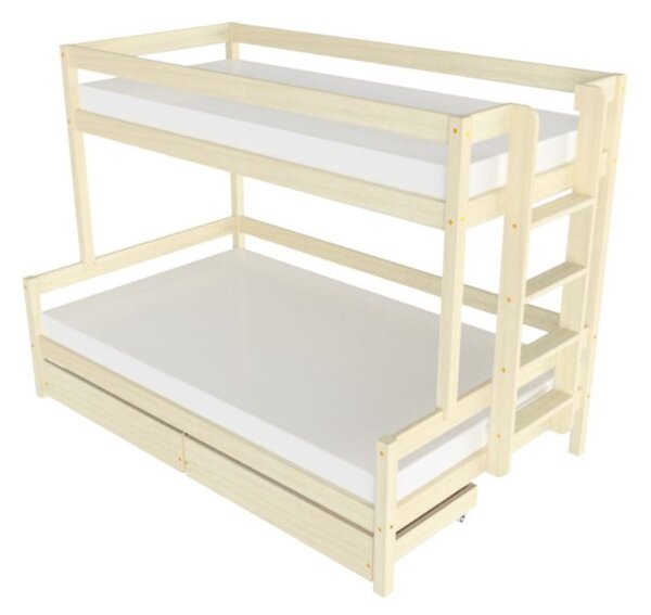 Patrová postel LUCKY s bočním žebříkem 90x200, 120x200 cm - Nelakovaná, Zvolte šuplík: Dvojitý úložný šuplík, Zvolte stranu: Vpravo