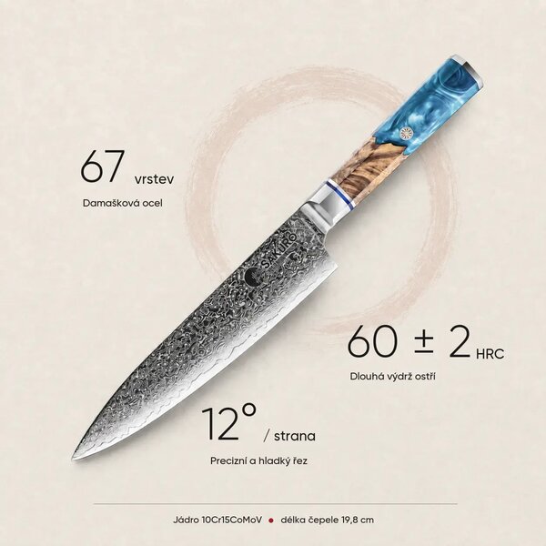 Šéfkuchařský nůž z damaškové oceli SaKuRo Blue 19,8 cm