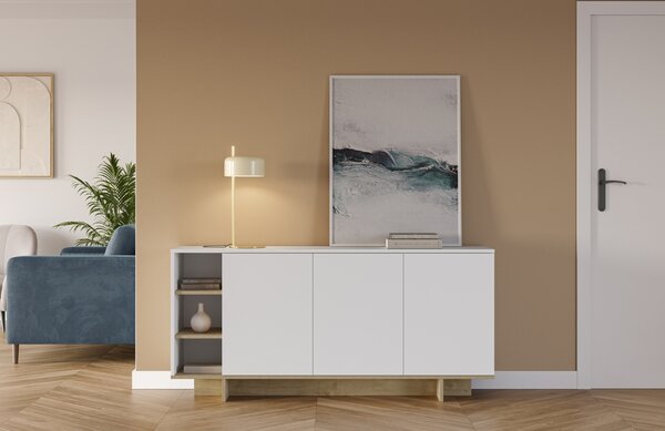 Marckeric Bílá lakovaná komoda Cequoia 170 x 40 cm s dubovým dekorem